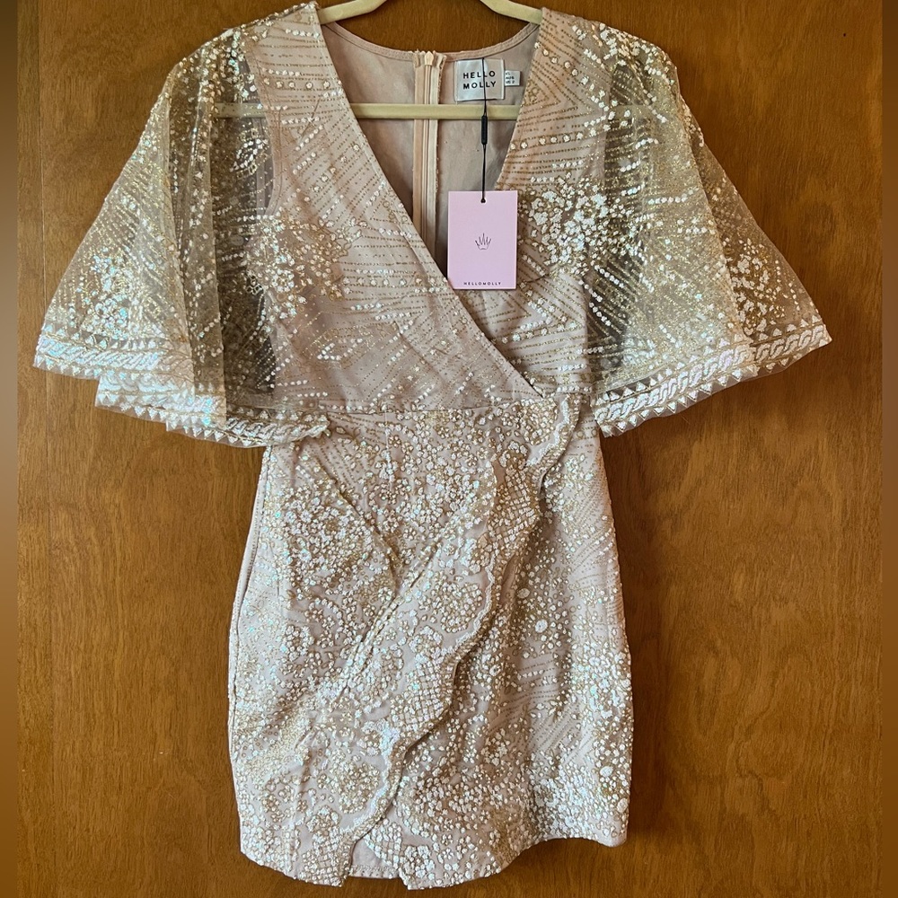 HELLO MOLLY NWT CHAMPAGNE VNECK DRESS SIZE XS / US 2